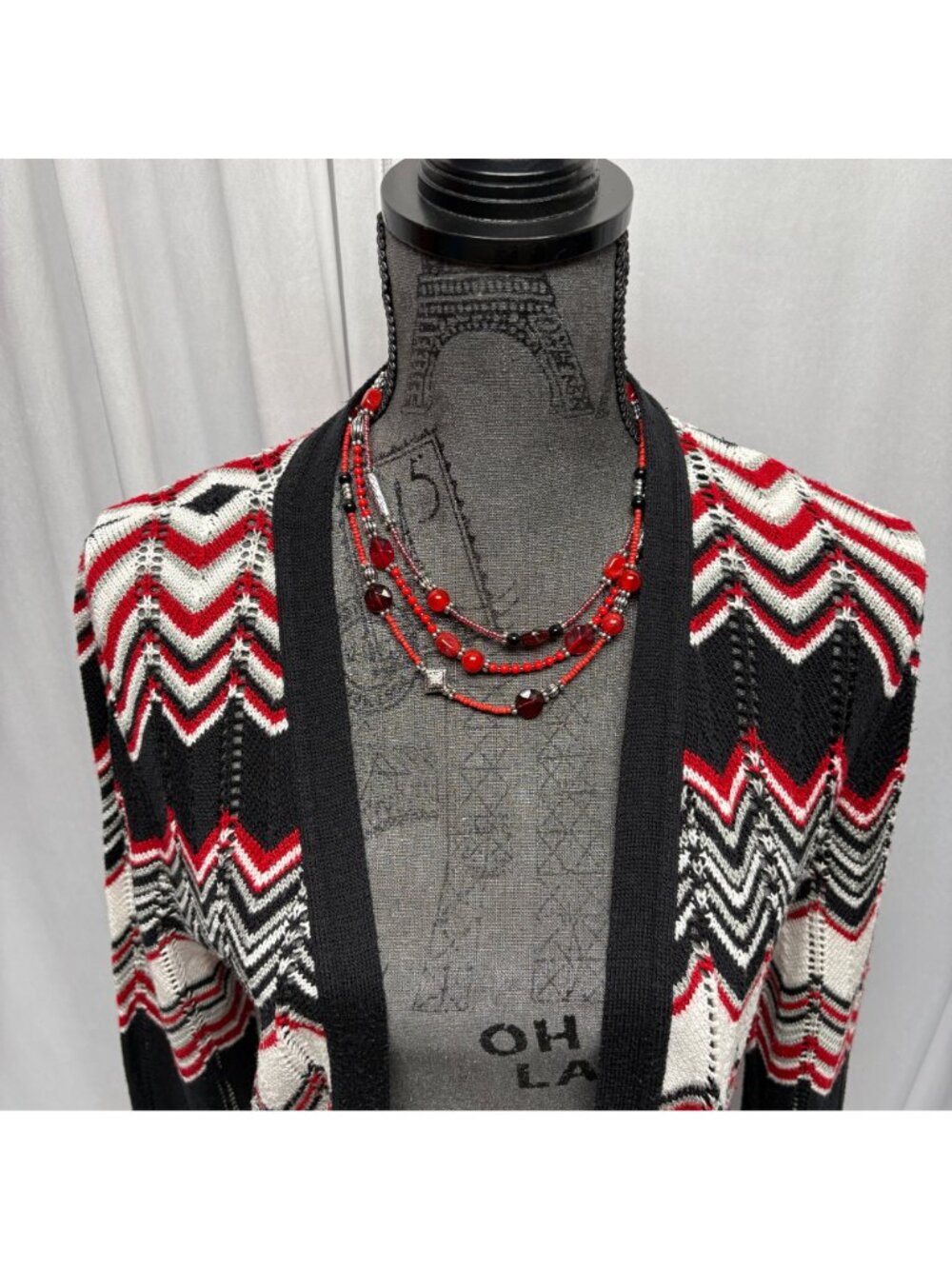 Two-One-Two Open Front Cardigan Womens Size Large Red Black Lightweight Sweater - Picture 2 of 7